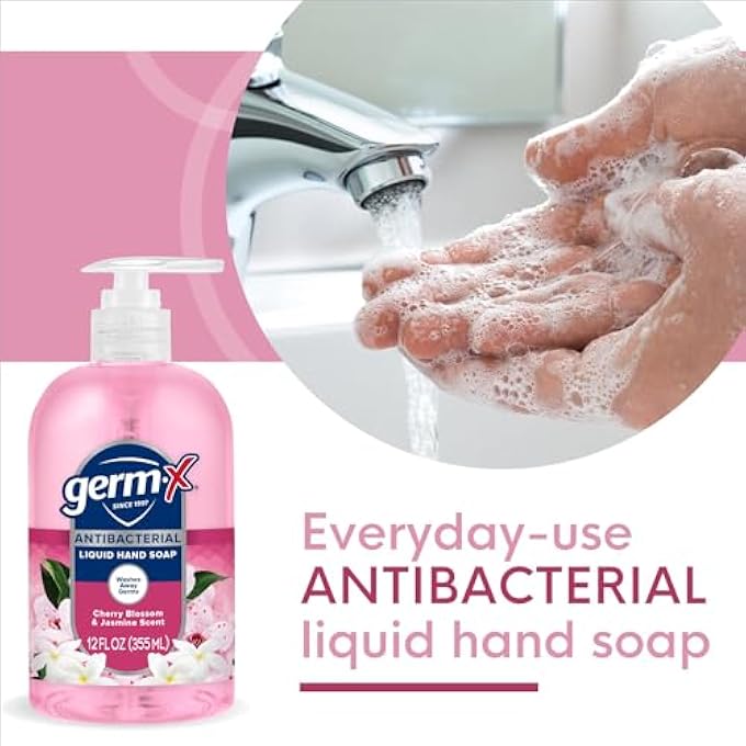 Germ-X ANTIBACTERIAL HAND SOAP, MOISTURIZING LIQUID HAND WASH FOR BATHROOM, PH BALANCED & DERMATOLOGIST TESTED, BACK TO SCHOOL SUPPLIES, JASMINE & CHERRY BLOSSOM, 12 OZ PUMP BOTTLE (PACK OF 4) - Image 5